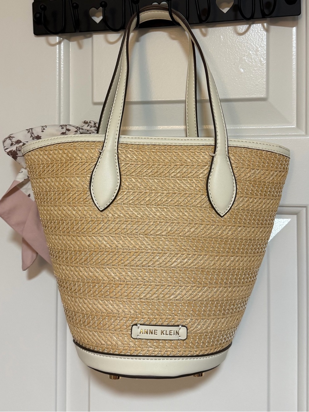 Anne Klein Natural Straw Tote with Cream Trim